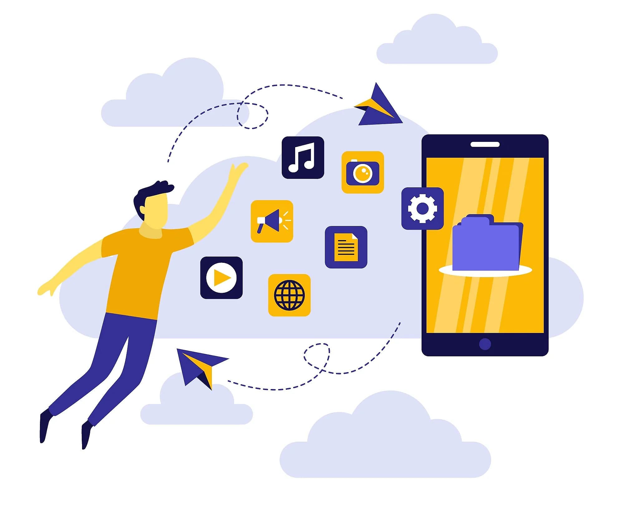 Illustration of applications and files syncing to the cloud