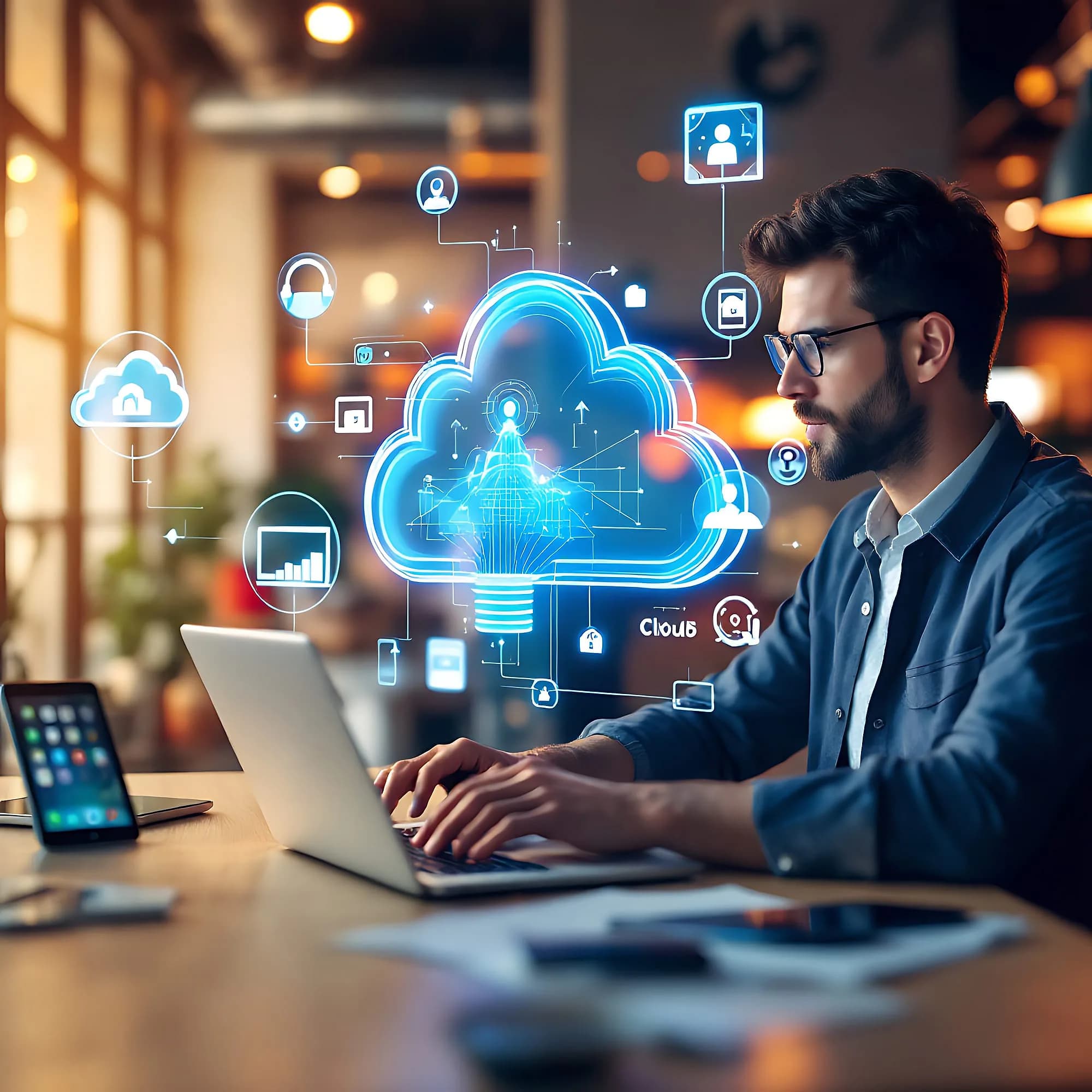 Engineer managing cloud services from a laptop