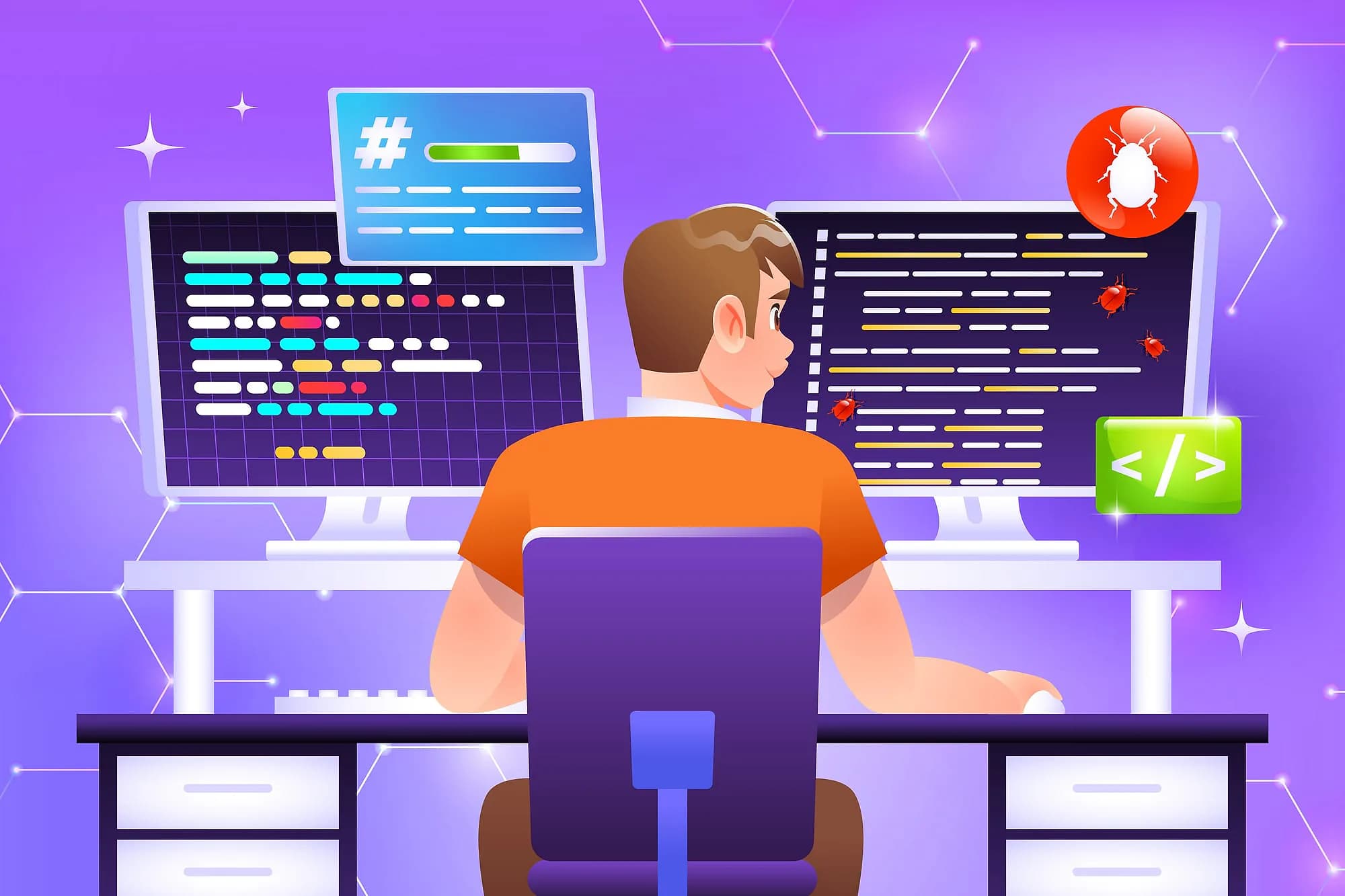 Illustration of a developer tracking down defects across two screens
