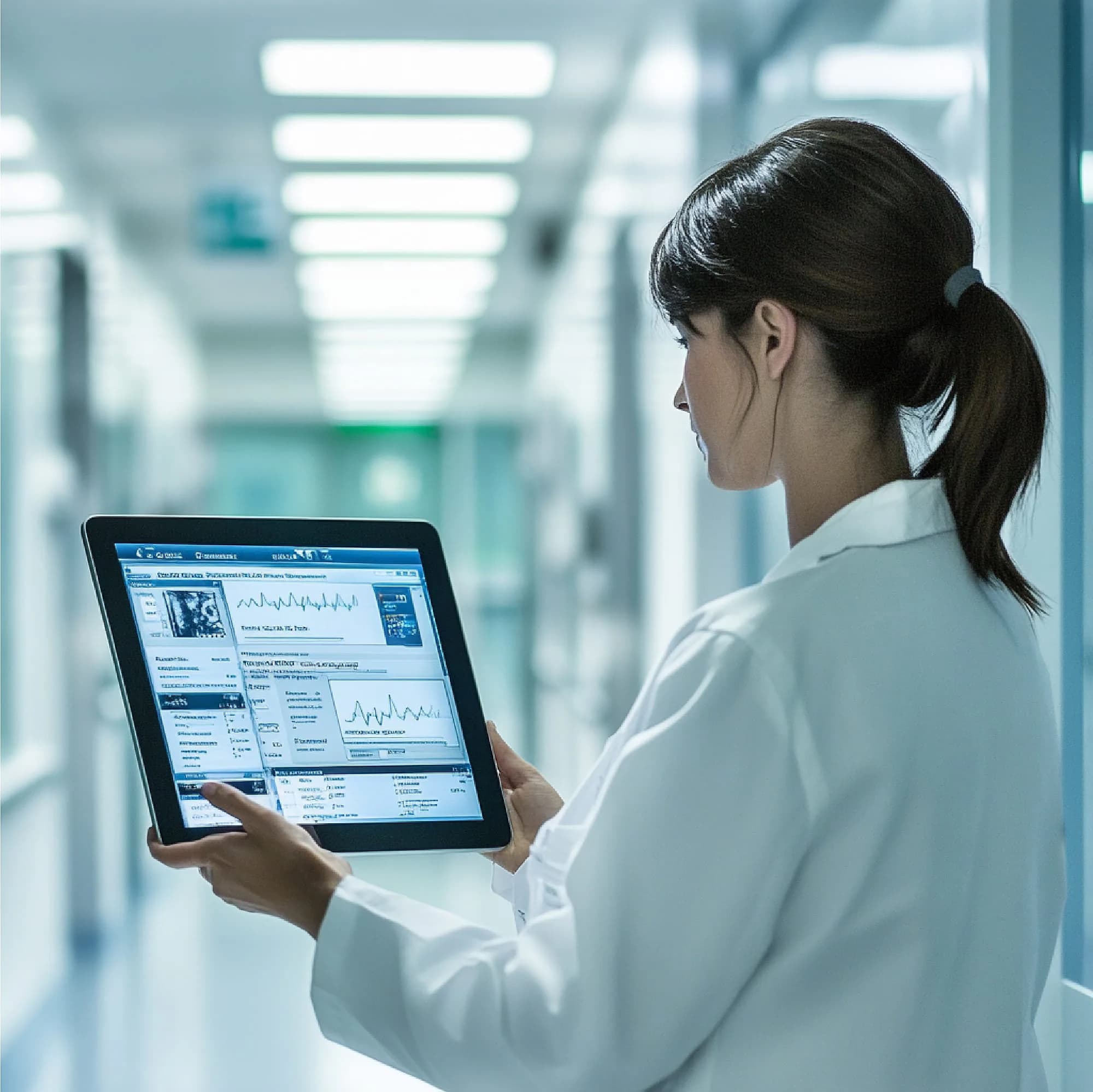 Clinician reviewing a patient chart on a tablet in a hospital corridor