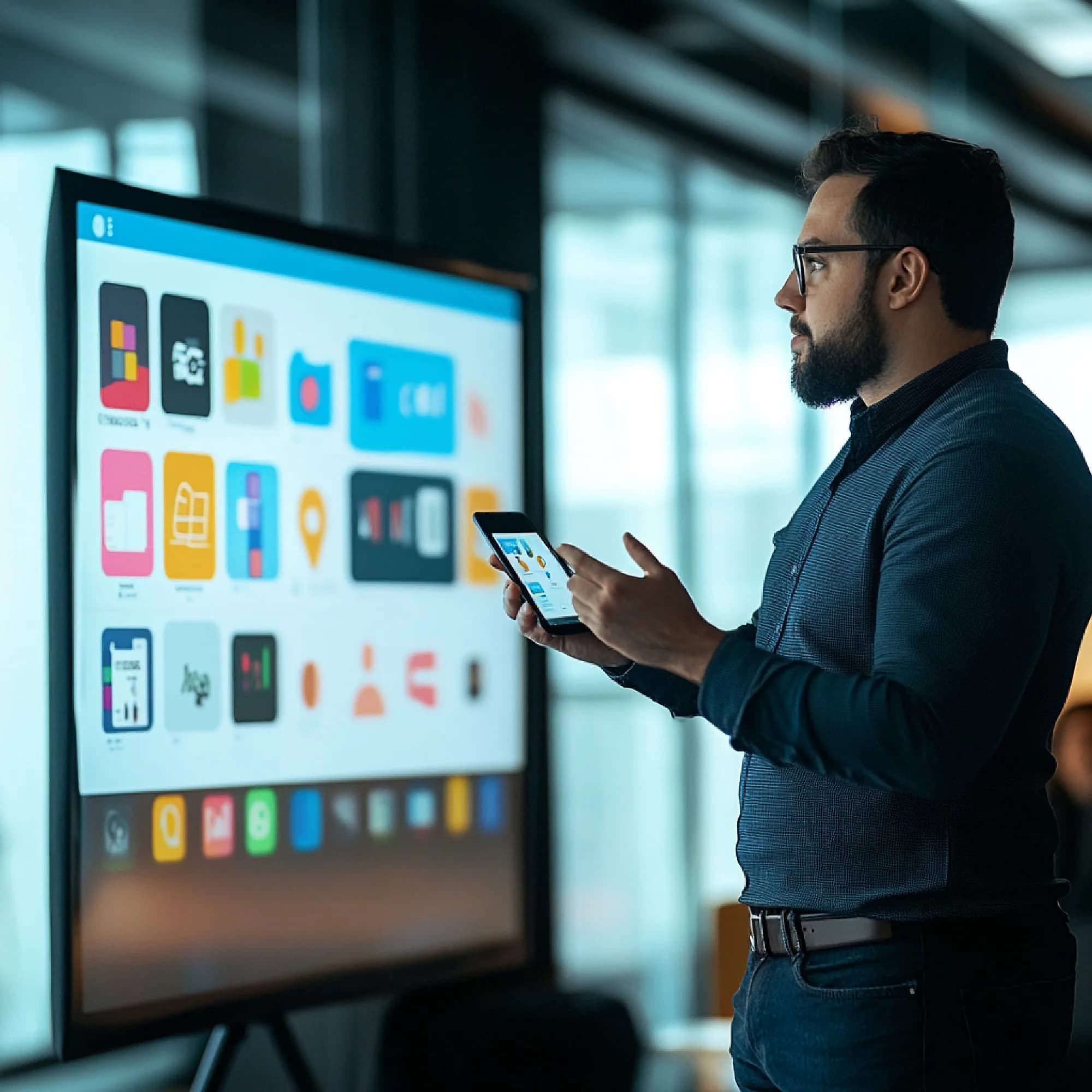 Presenter walking a room through material on a large wall display