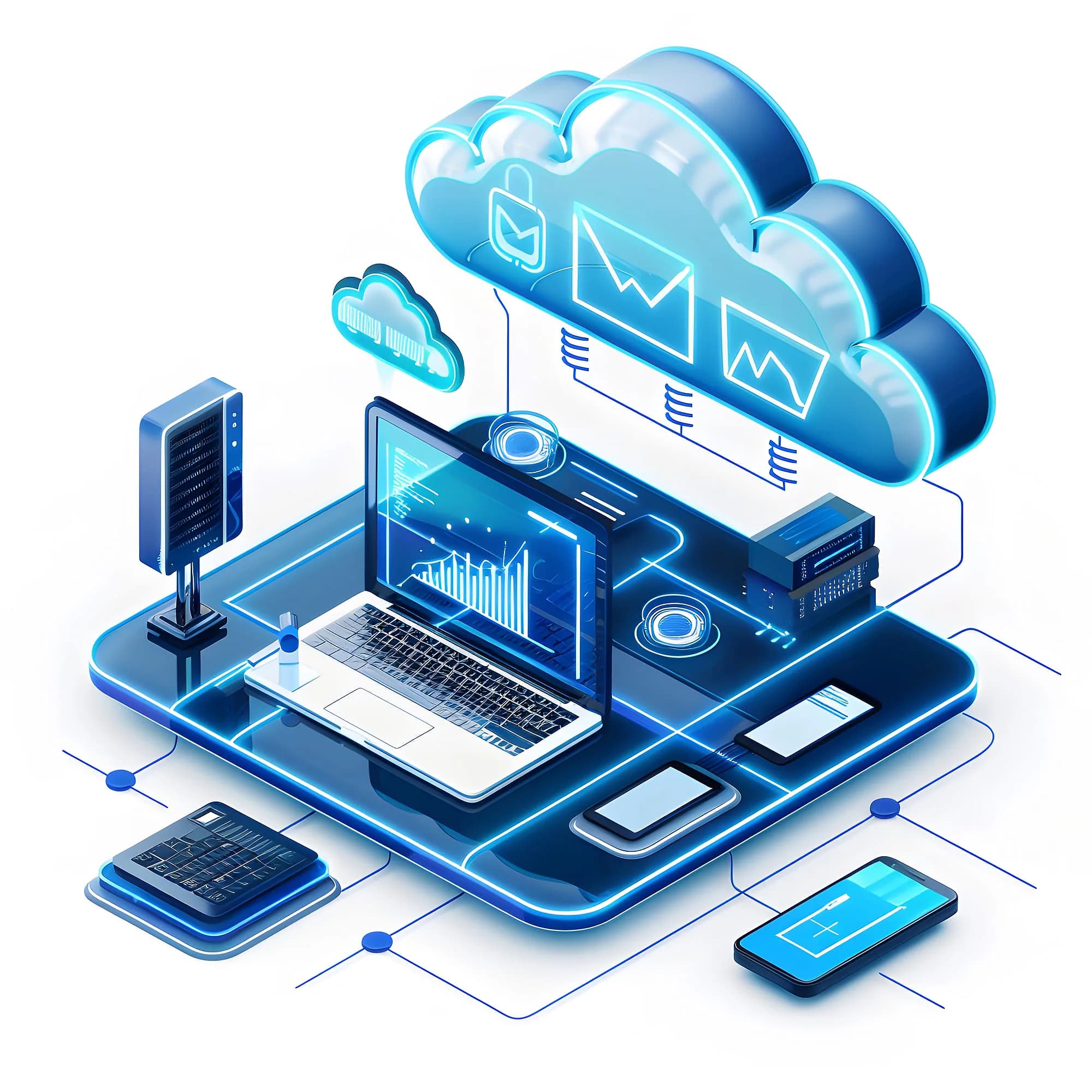 Diagram of a hybrid environment linking servers, laptops and mobile devices