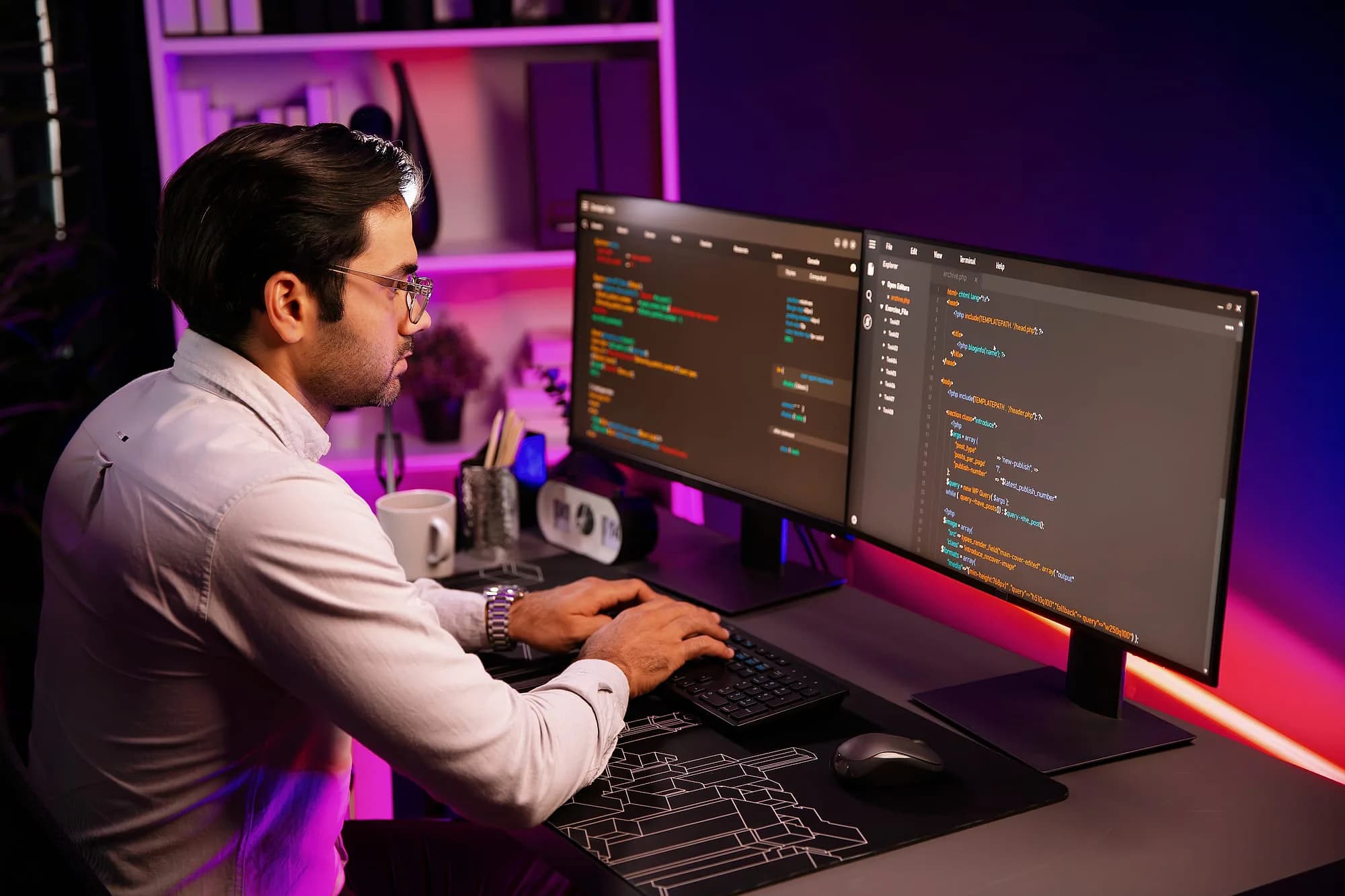 Engineer reviewing infrastructure and access logs across a dual-monitor desk