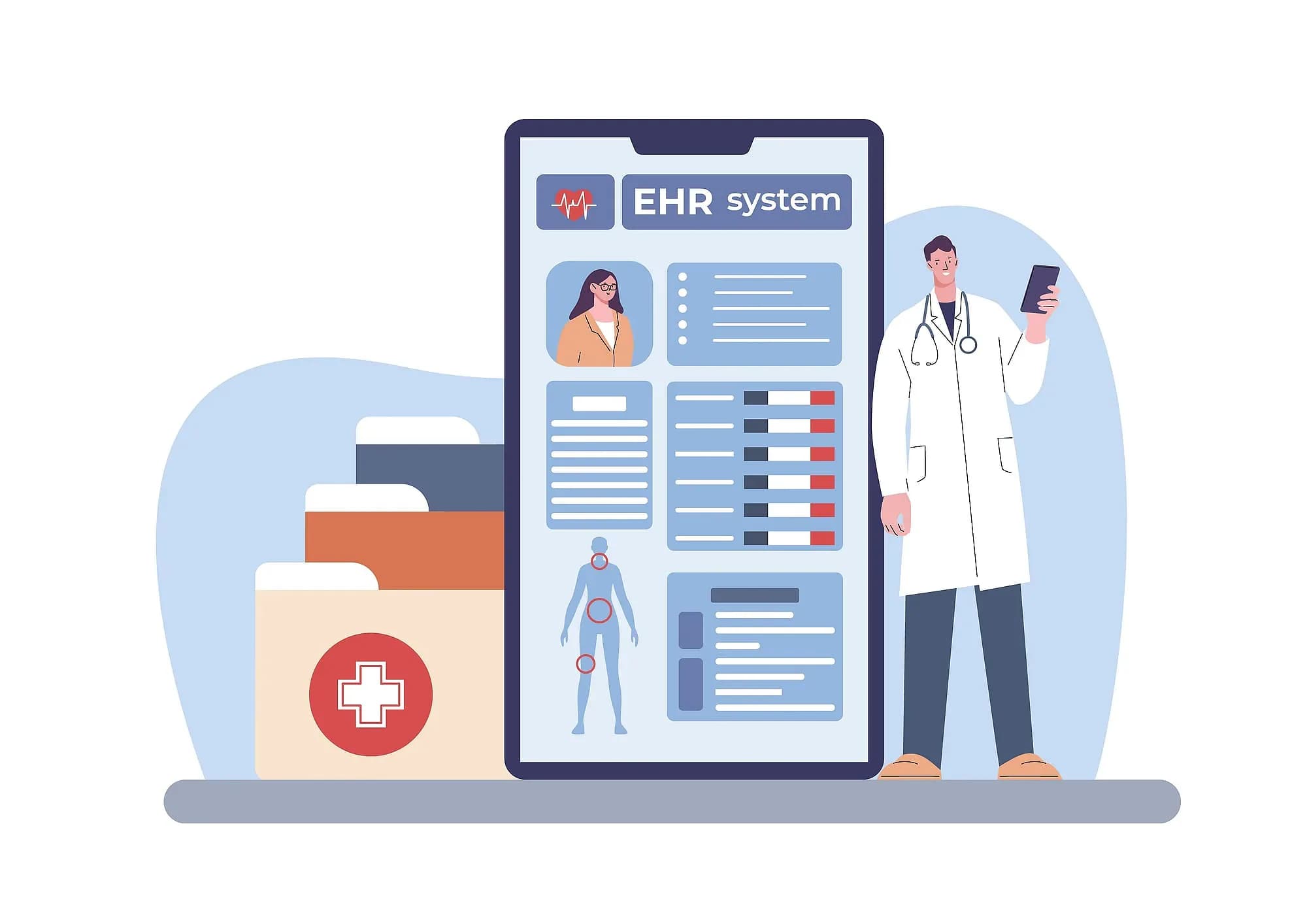 Illustration of an electronic health record open beside a physician and a set of patient files