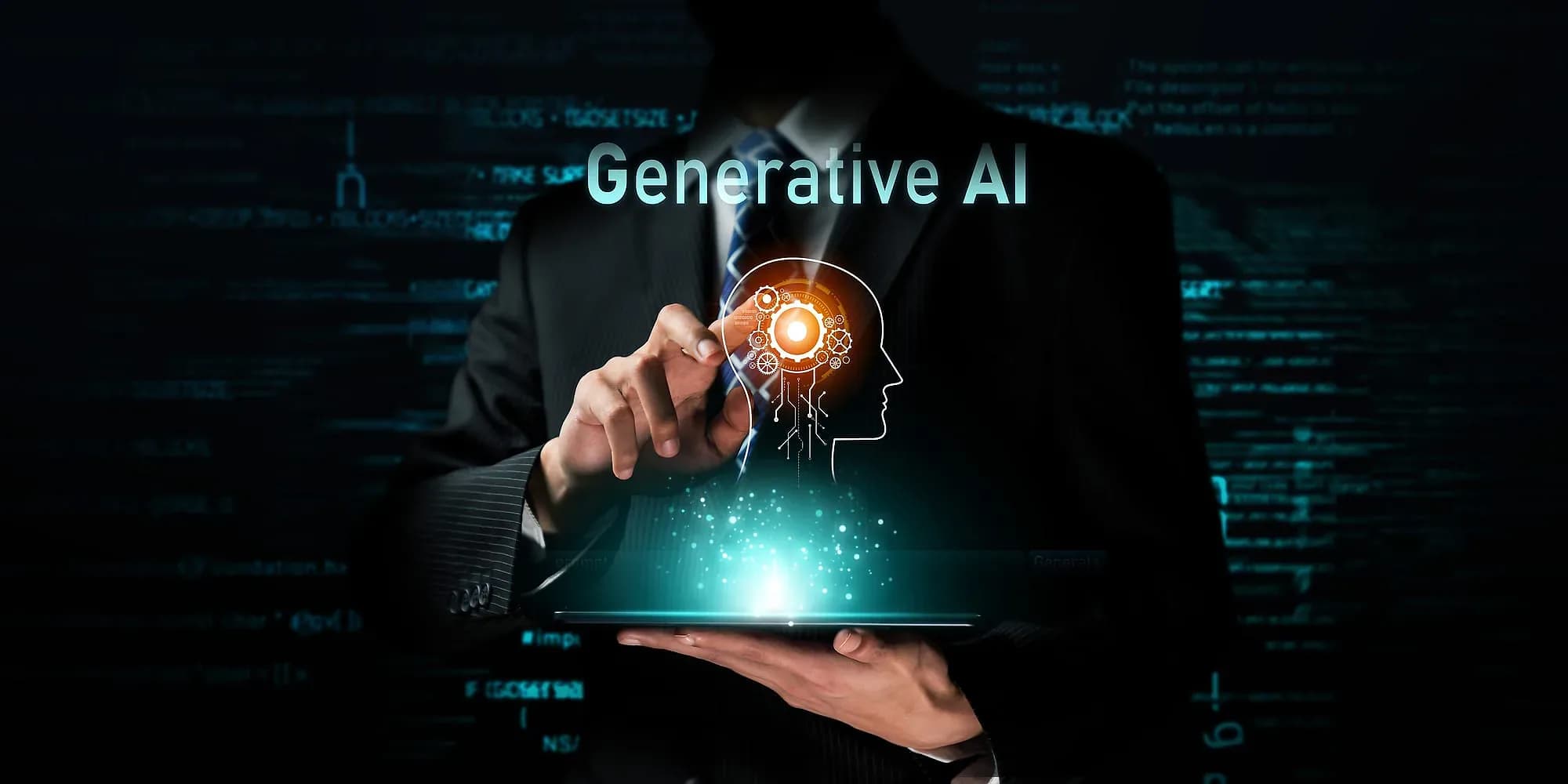 Consultant holding a tablet beside a glowing generative-AI interface