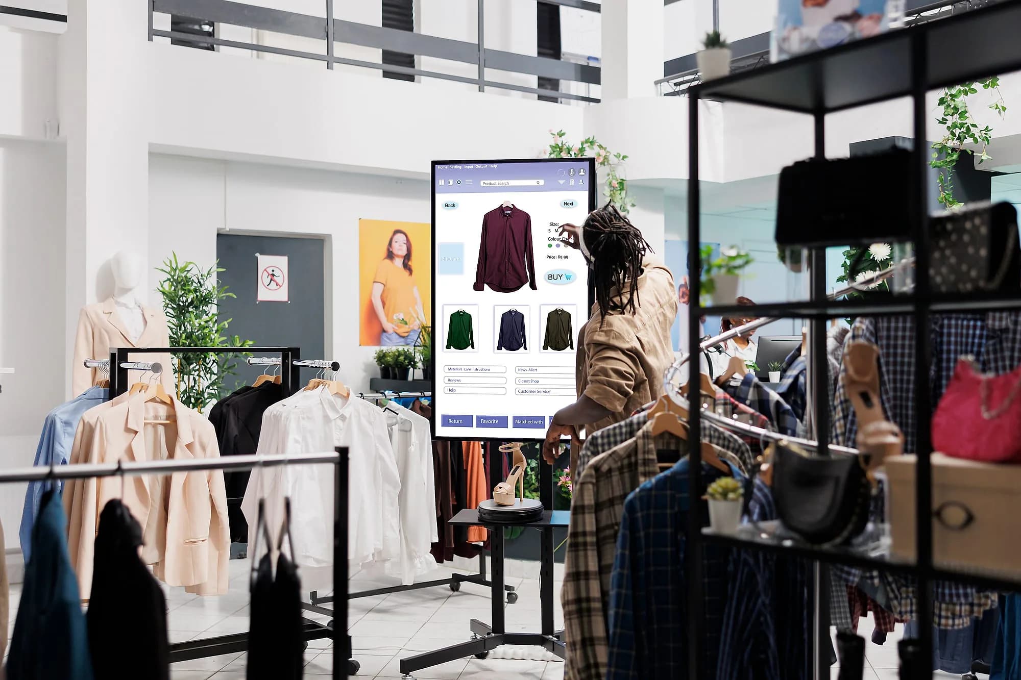 Shopper completing a self-service checkout on a standard touchscreen kiosk